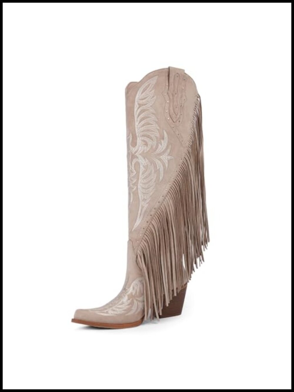 Women's Fringe Cowgirl Boots Embroidered Studded Pointed Toe Chunky Heel